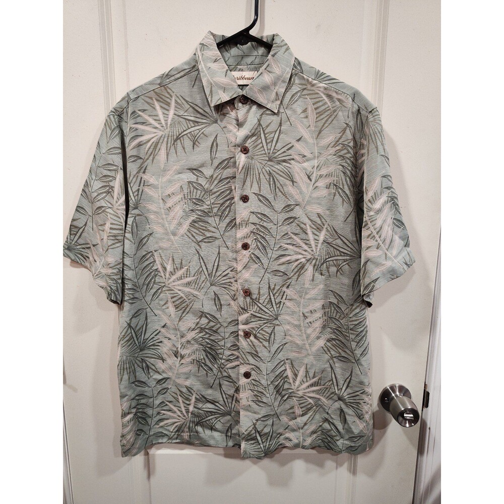 Men's Caribbean Silk Blend Hawaiian Button Front Shirt Medium Green